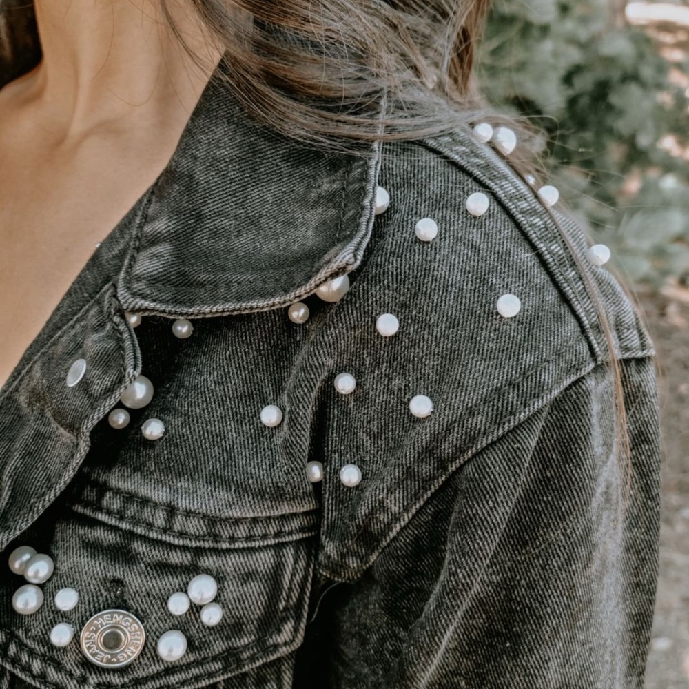 Edgy Black Denim Jacket with Pearls and Death Do Us Part - Picture 2 of 4